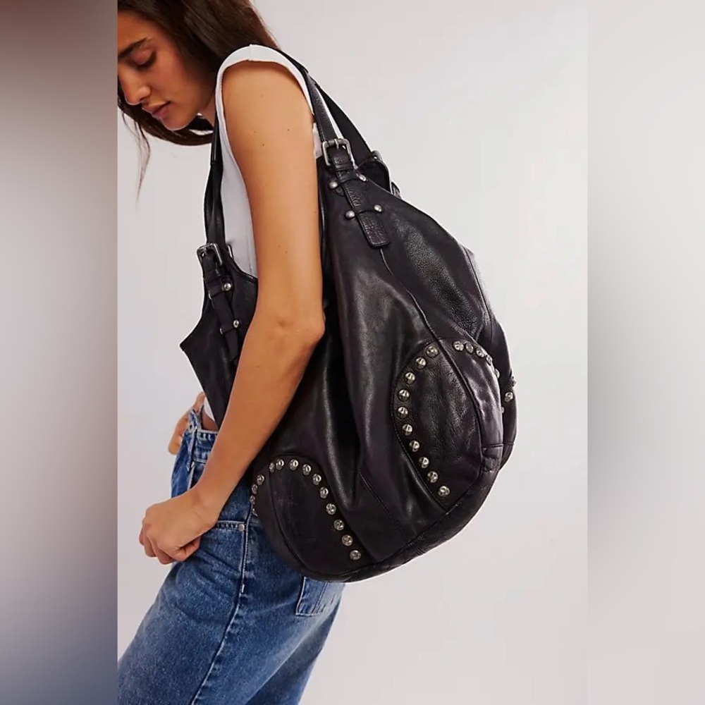Free People Black Studded Hobo Bag